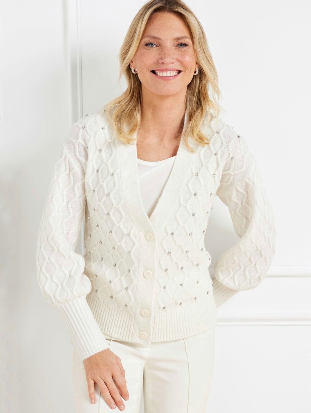 Talbots Embellished V-Neck Cardigan ivory wool rhinestone studs women's medium M